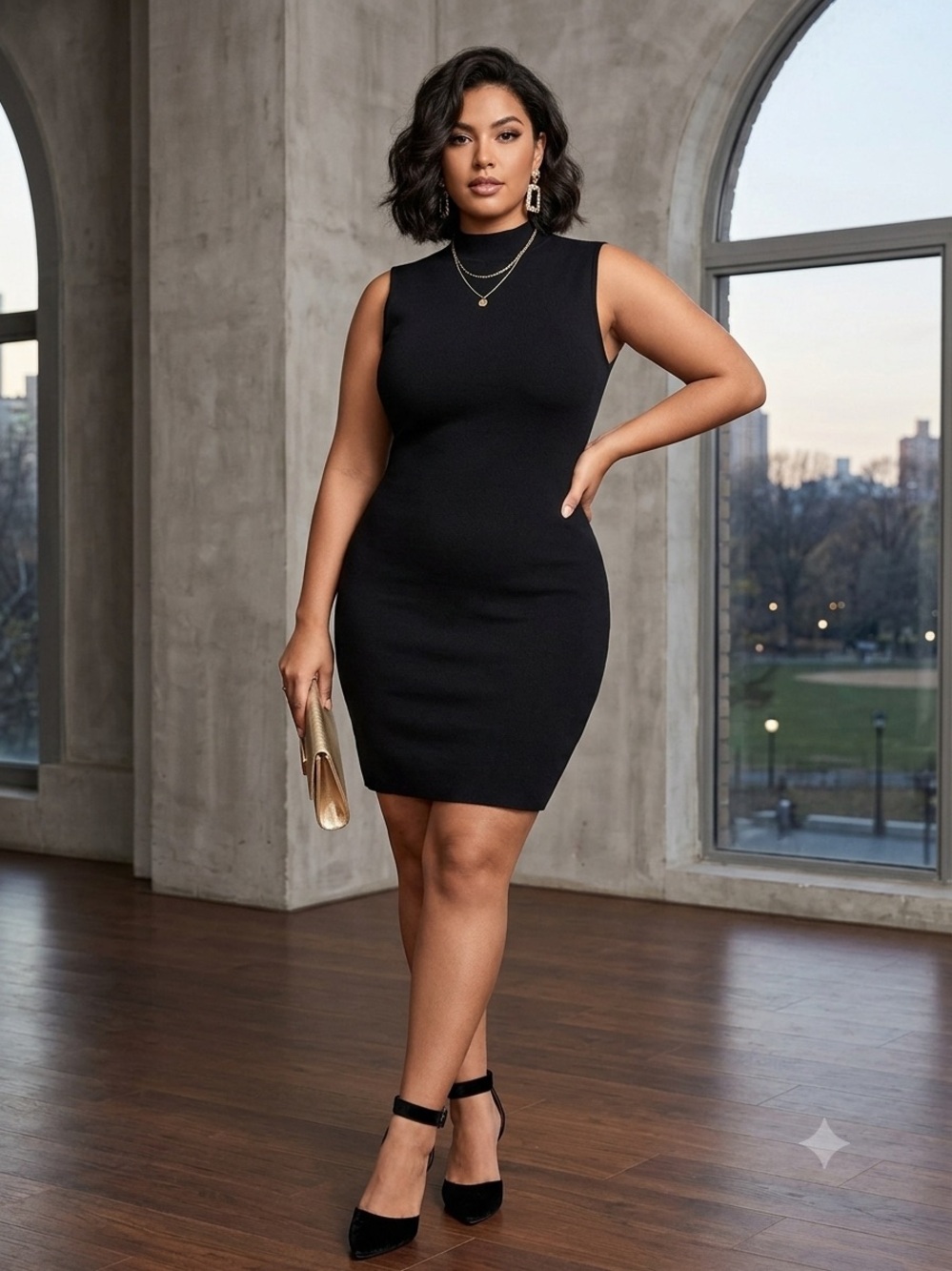 Brass Curve-Hugging Sleeveless Black Midi Dress - Elegant Evening Staple